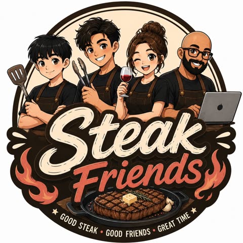 Steak Friends 로고 — 네 명의 만화 셰프와 철판 위 스테이크
